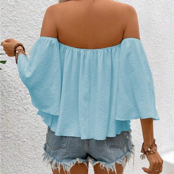 Women's Off-Shoulder Light Blue Top - Picture 3 of 7